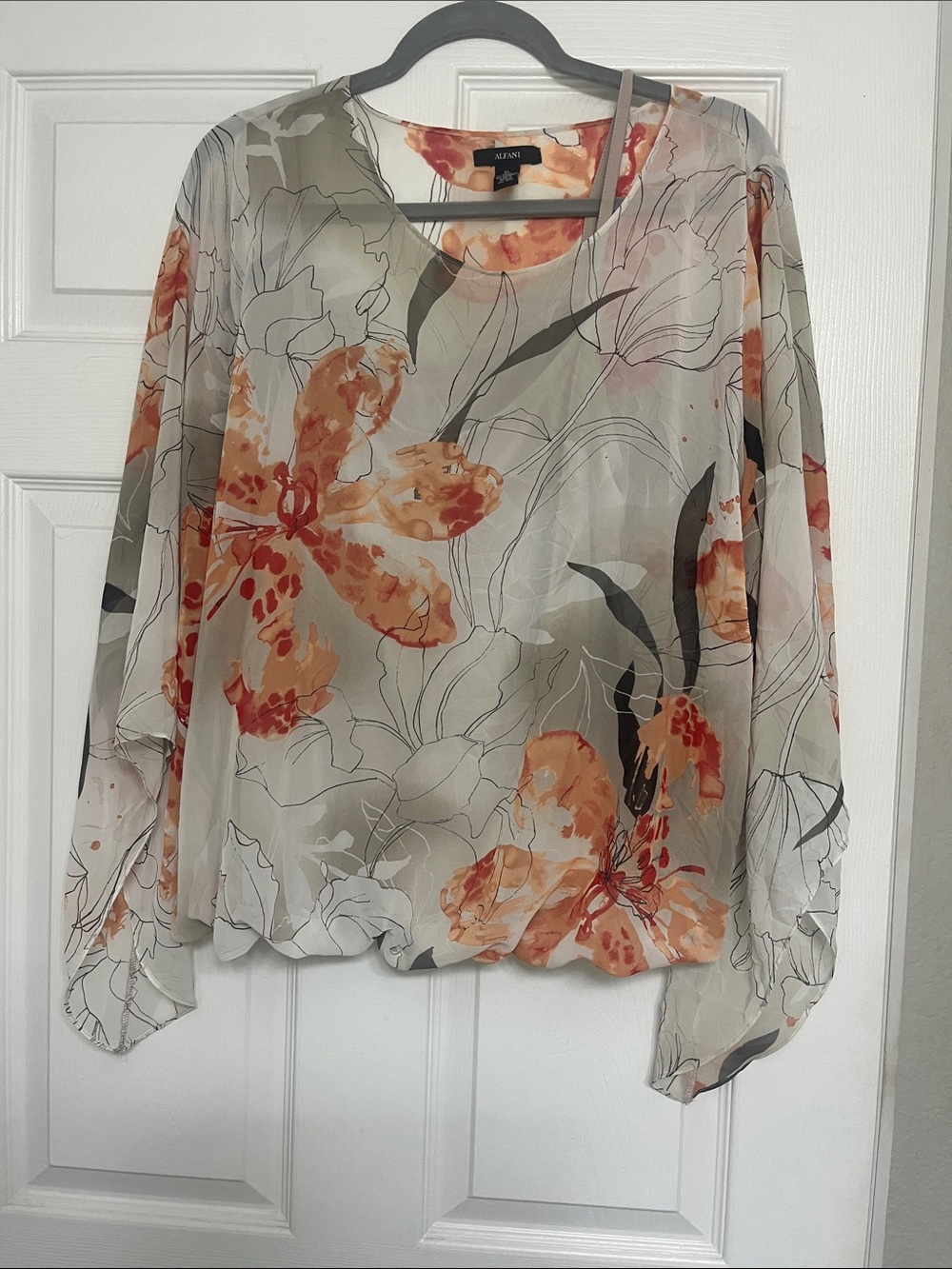 Alfani Sheer Floral Long-Sleeve Blouse in Orange and Cream